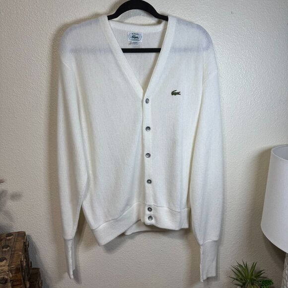 Vintage Izod Lacoste White Cardigan Sweater Sz L USA Acrylic Preppy Gator Logo - Picture 1 of 7